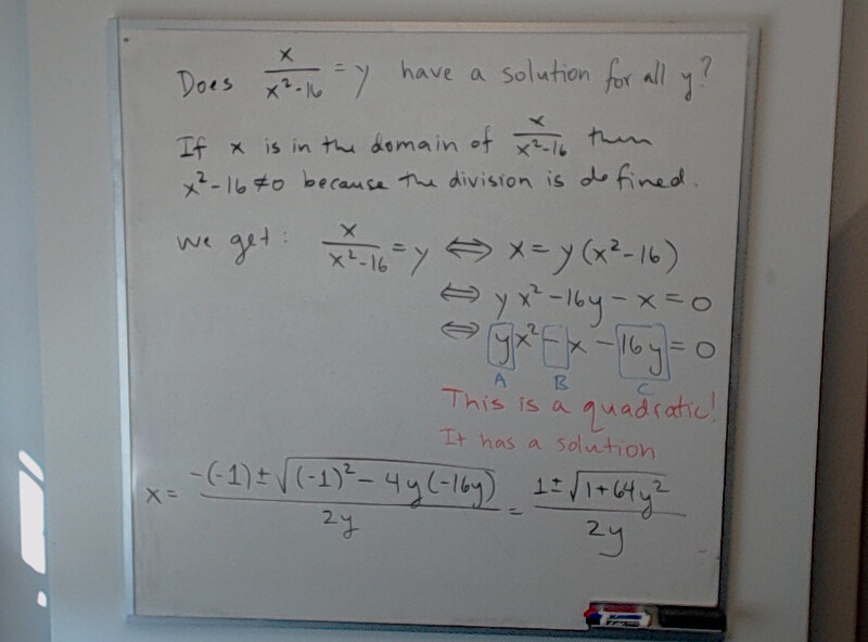 A photo of a whiteboard titled: Range of x/(x^2-16)