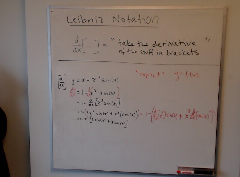 A photo of a whiteboard titled: Leibniz Notation (Part 4)