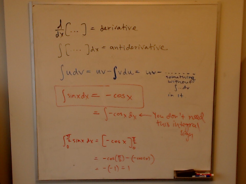A photo of a whiteboard titled: Integration by parts