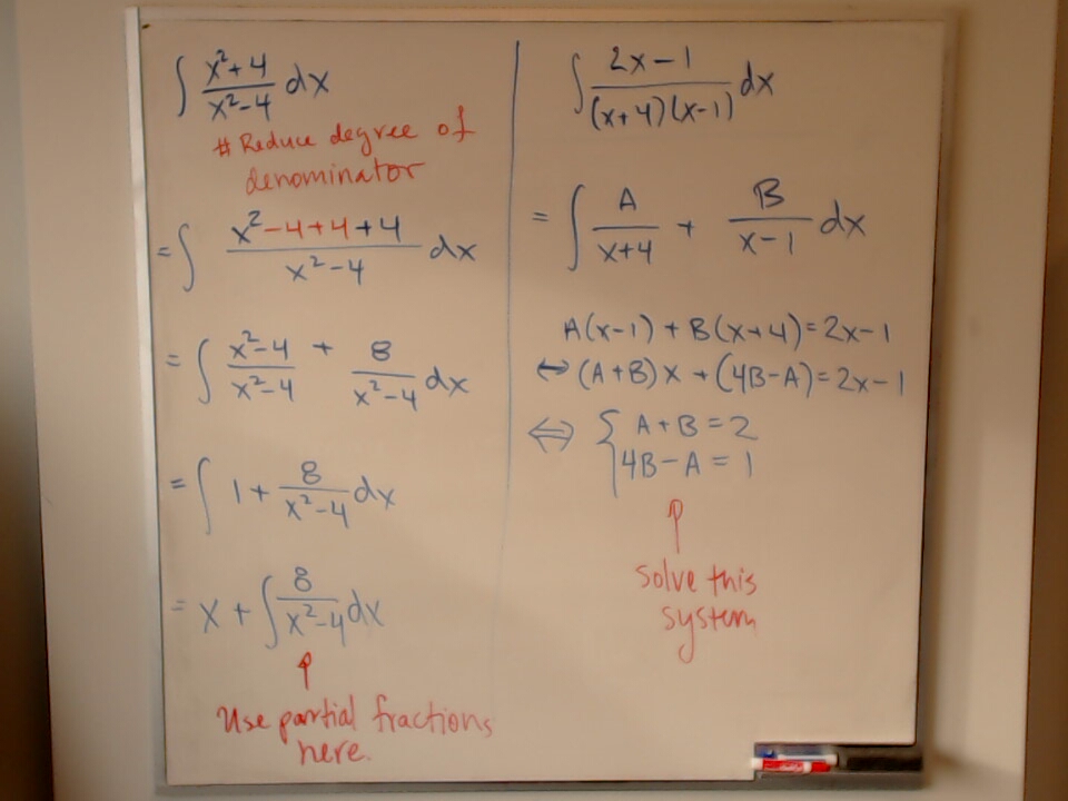 A photo of a whiteboard titled: Partial fractions (x^2+4)/(x^2-4) and (2x+1)/(x+4)(x-1)