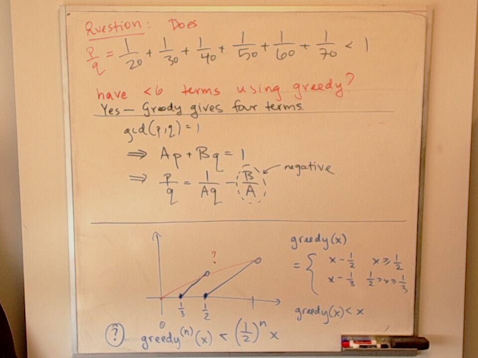 A photo of a whiteboard titled: Puzzle: Sums of Reciprocals