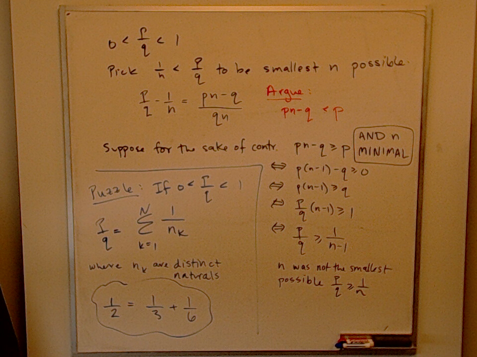 A photo of a whiteboard titled: Puzzle: Sum of Reciprocals (continued)
