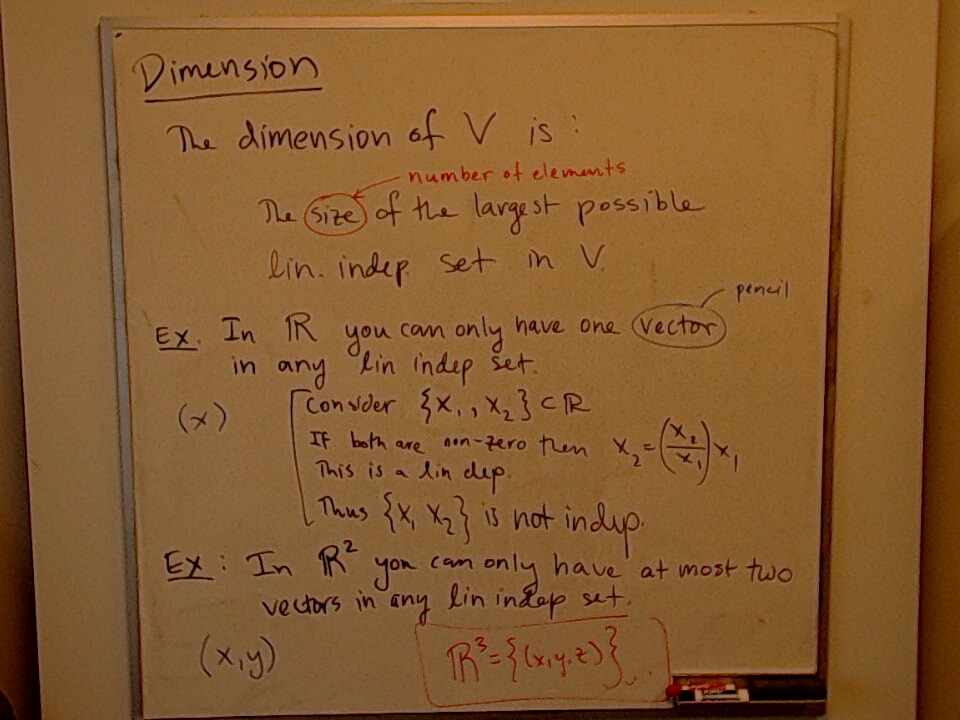 A photo of a whiteboard titled: Dimension Examples