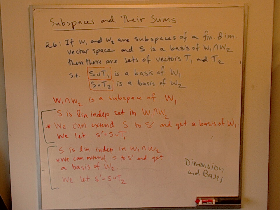 A photo of a whiteboard titled: Subspaces and Their Sums (Part 3)