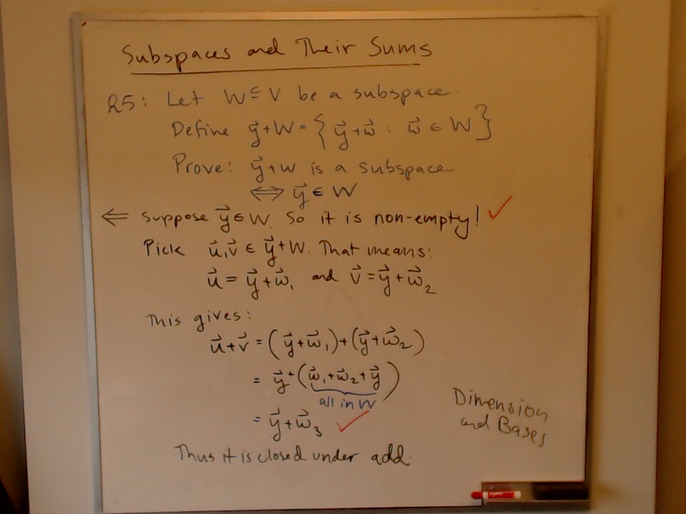 A photo of a whiteboard titled: Subspaces and Their Sums (Part 4)
