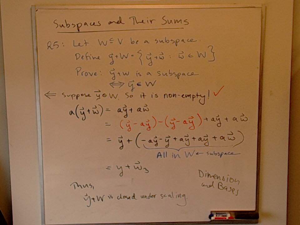 A photo of a whiteboard titled: Subspaces and Their Sums (Part 5)