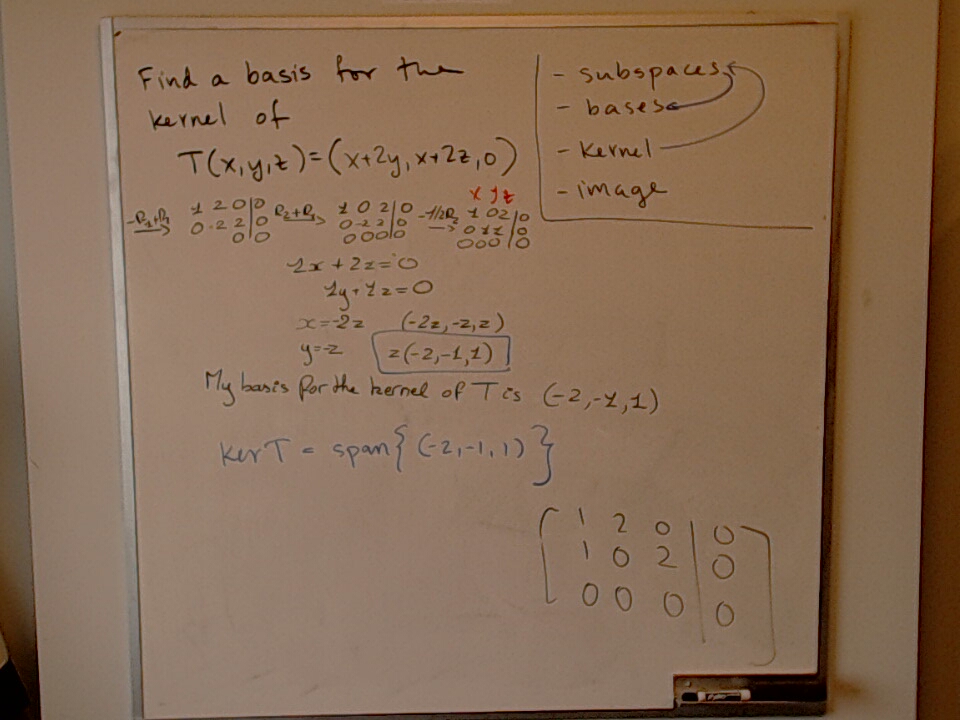 A photo of a whiteboard titled: Subspaces / Image / Kernel / Bases (Part 2)