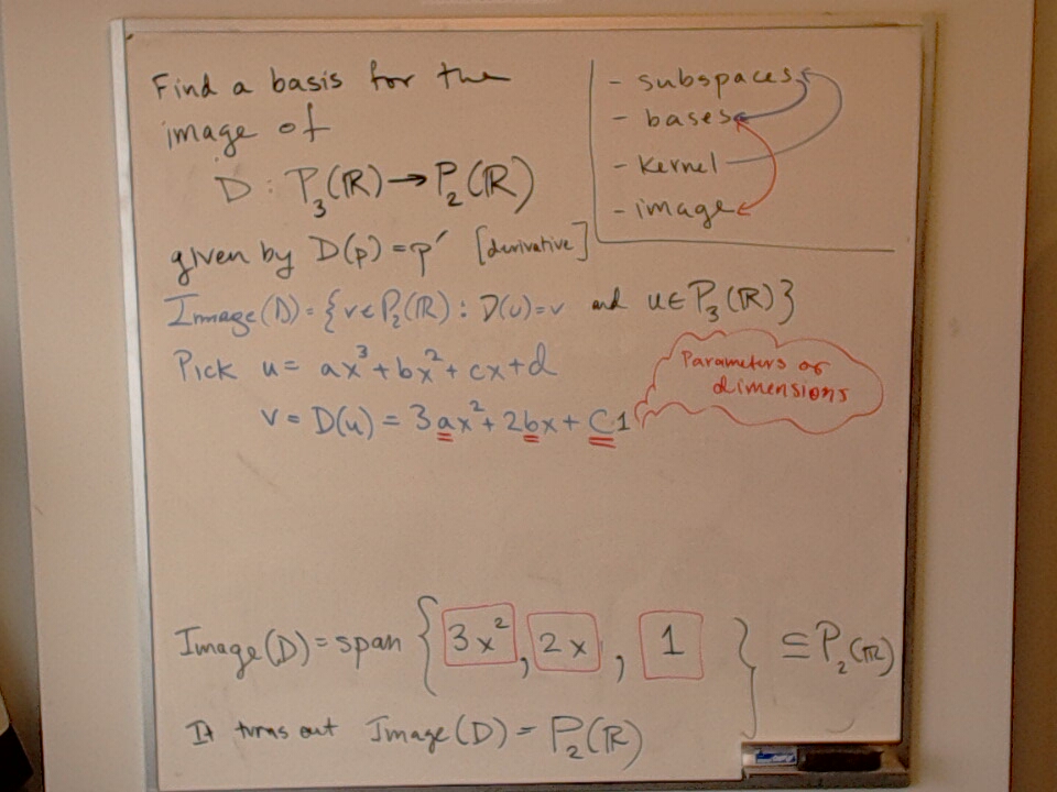 A photo of a whiteboard titled: Subspaces / Image / Kernel / Bases (Part 3)