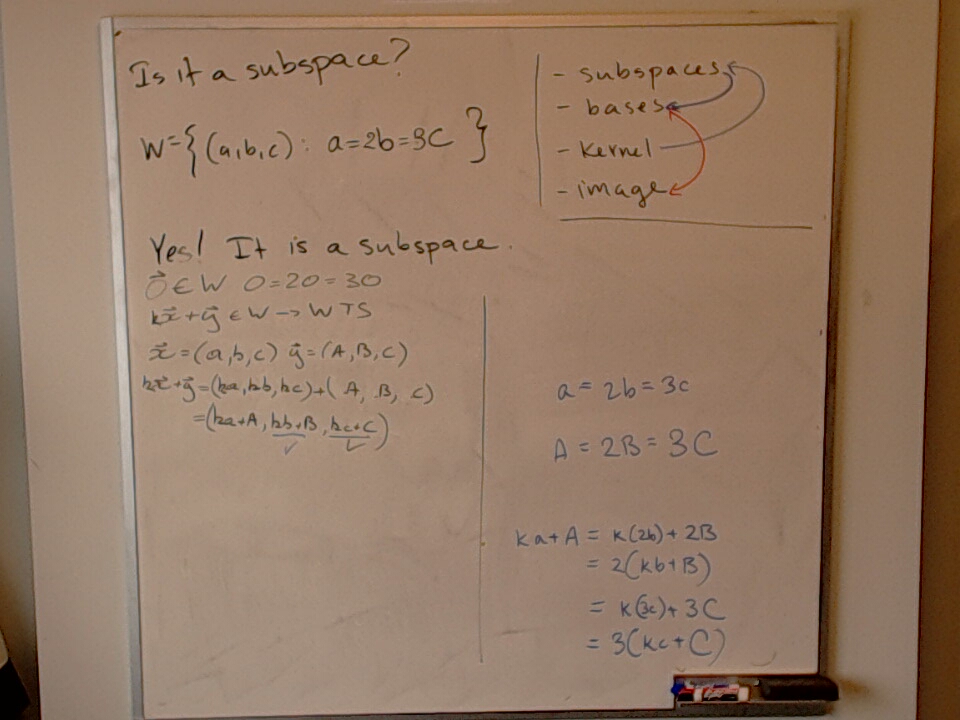 A photo of a whiteboard titled: Subspaces / Image / Kernel / Bases (Part 6)