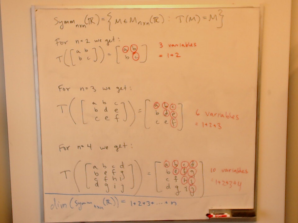 A photo of a whiteboard titled: Dimension of the Space of nxn Symmetric Matrices