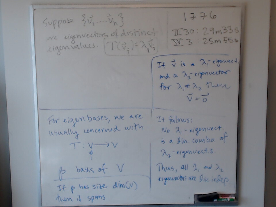A photo of a whiteboard titled: Eigenvectors and Linear Independence