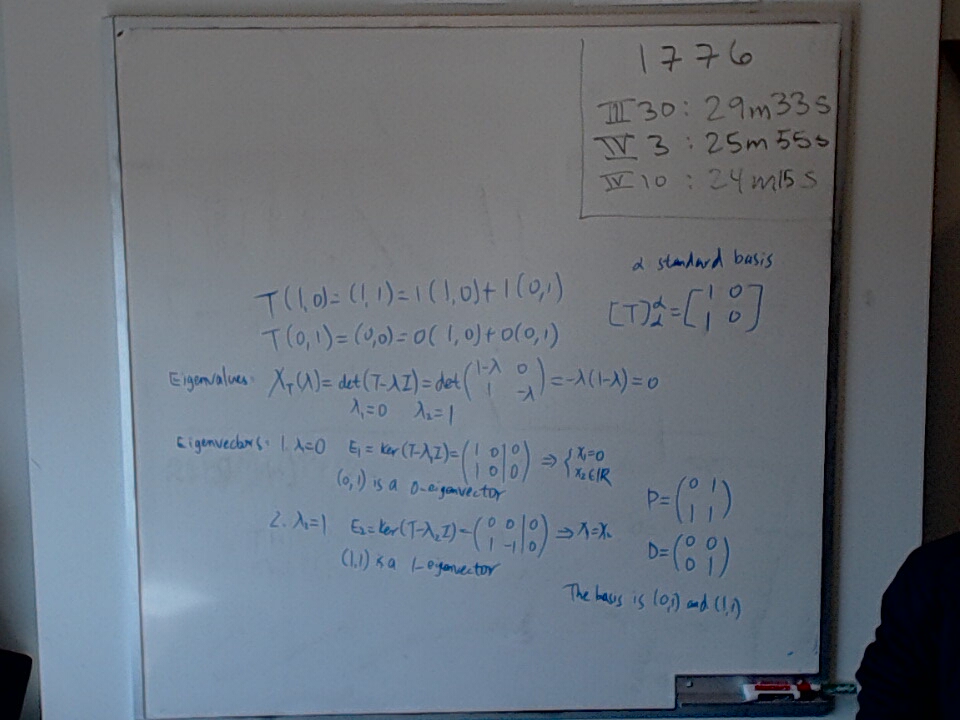 A photo of a whiteboard titled: Diagonalize T(x,y) = (x,x)