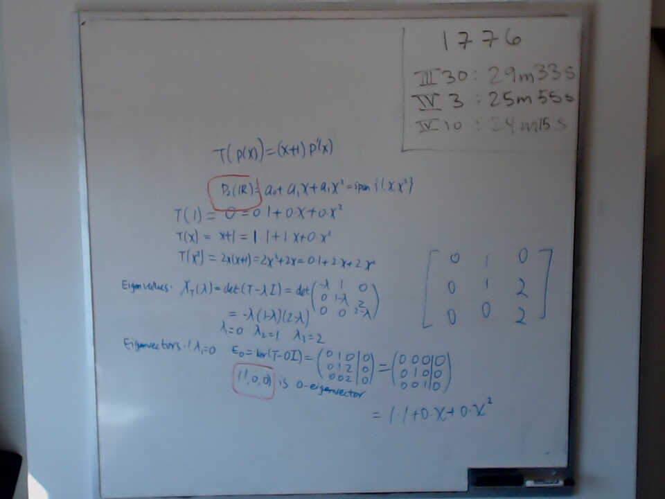 A photo of a whiteboard titled: Diagonalize T(p(x)) = (x+1)p'(x) Part 1