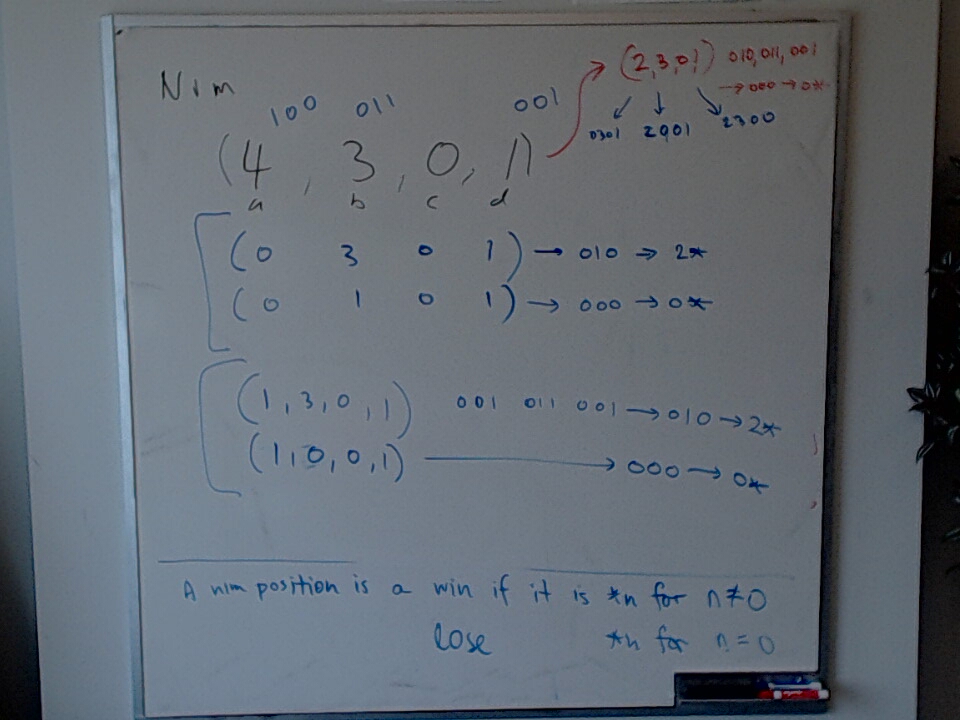 A photo of a whiteboard titled: Nim Playing (4,3,0,1) Part 1