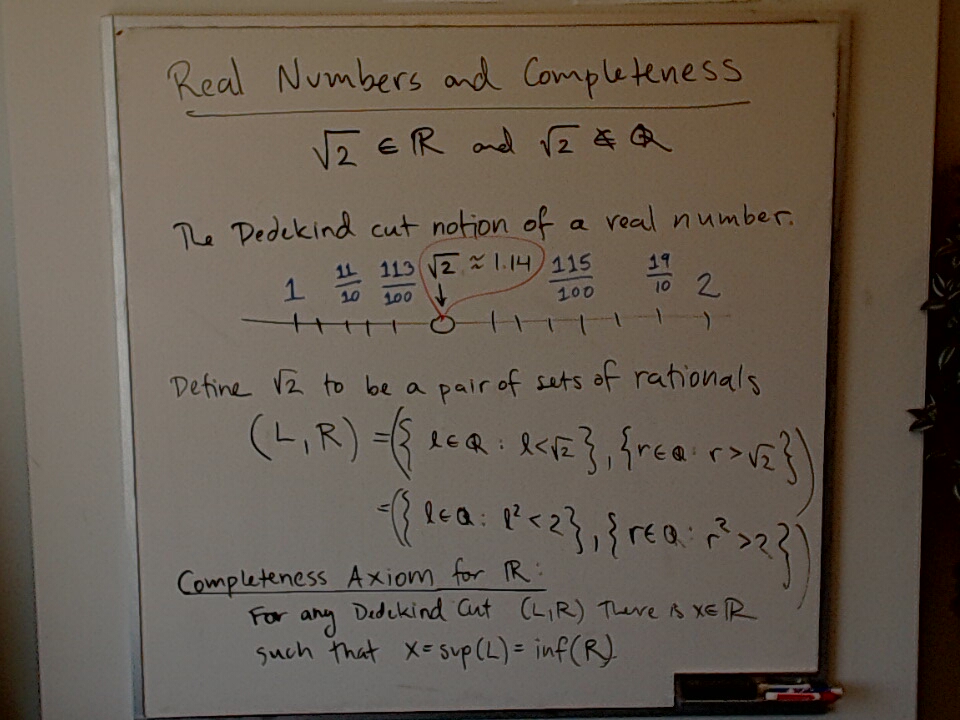 A photo of a whiteboard titled: Dedekind Cuts and Completeness of R