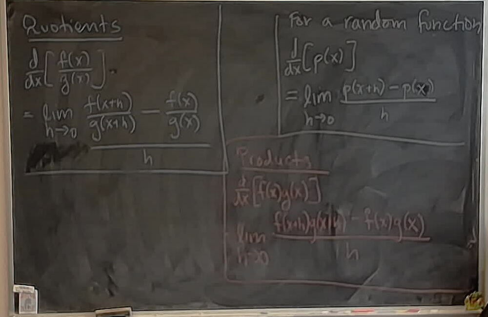 A photo of a whiteboard titled: Limit setup for products and quotients