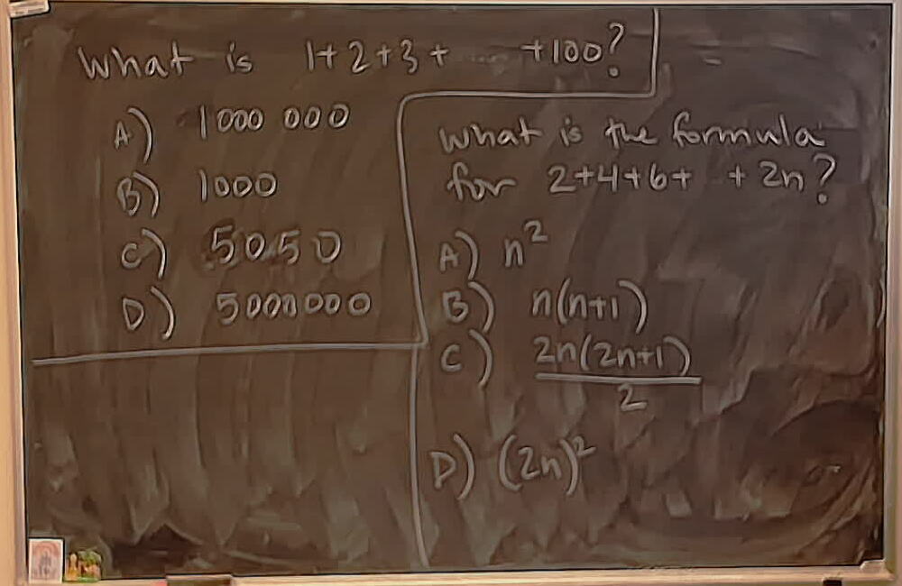 Multiple Choice Related to Sum of 1+2+3+...+n A photo of a whiteboard titled: Multiple Choice Related to Sum of 1+2+3+…+n