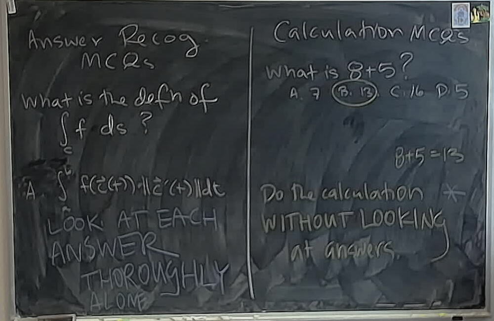 A photo of a whiteboard titled: Multiple Choice Questions Strategies: Answer Recognition and Calculation
