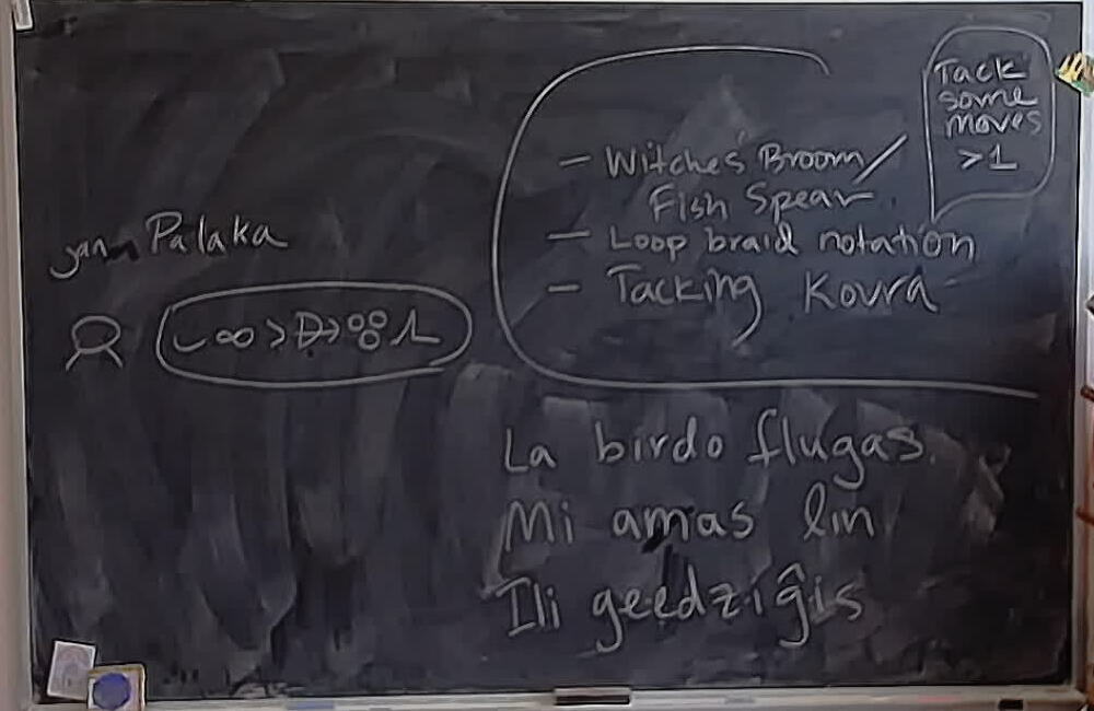 A photo of a whiteboard titled: Toki Pona: jan palaka / Workshop Outline