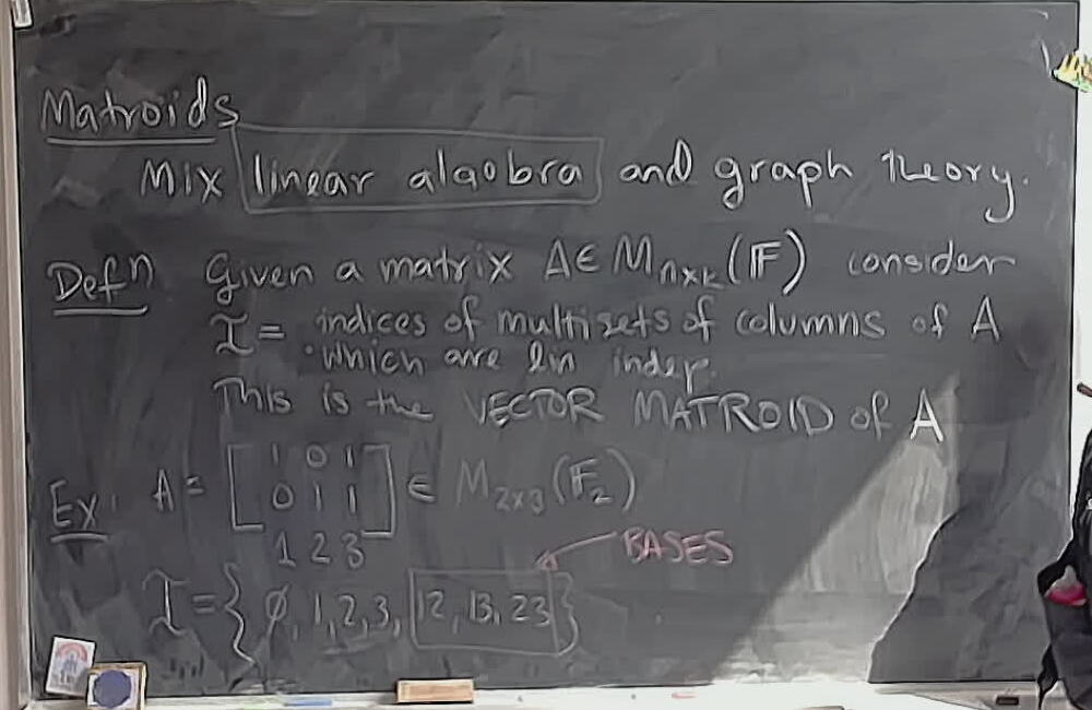 A photo of a whiteboard titled: Matroids: Vector Matroids