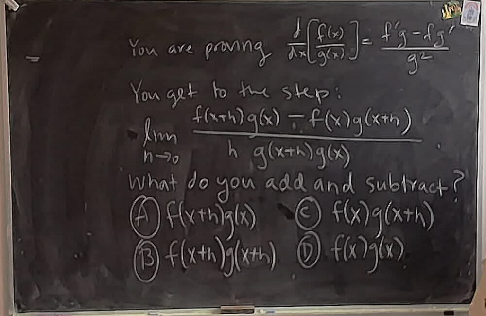 Theoretical Term Test Question about Quotient Rule A photo of a whiteboard titled: Theoretical Term Test Question about Quotient Rule